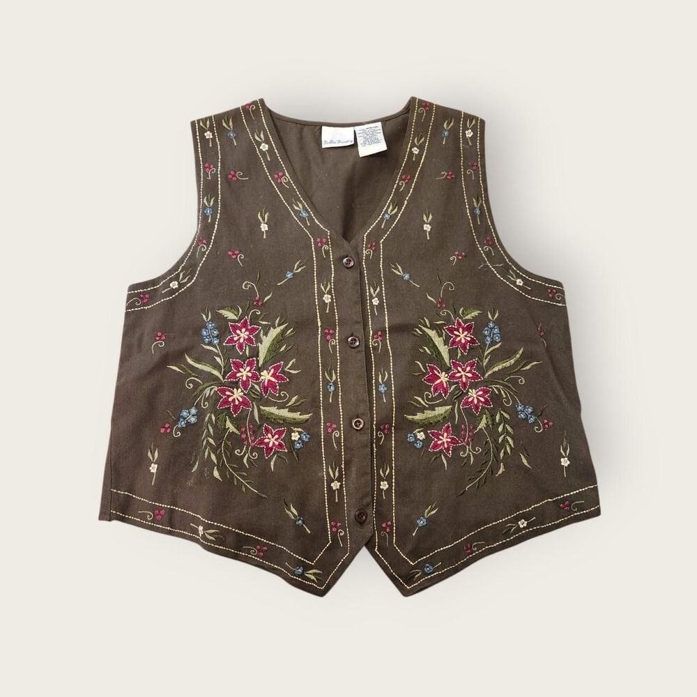 Vintage Y2k Bobbie Brooks green boho floral embroidered button up vest